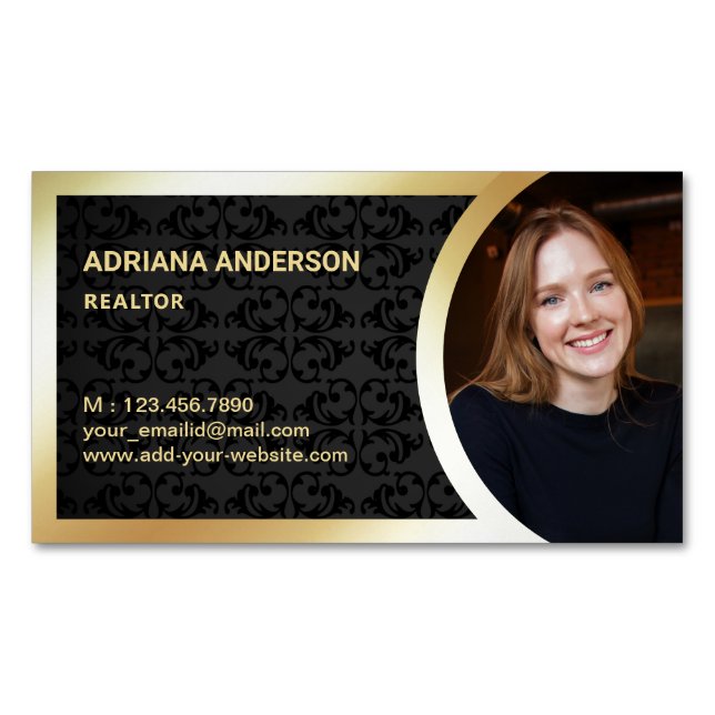 Black Damask Gold Foil Real Estate Photo Realtor Magnetic Business Card (Front)
