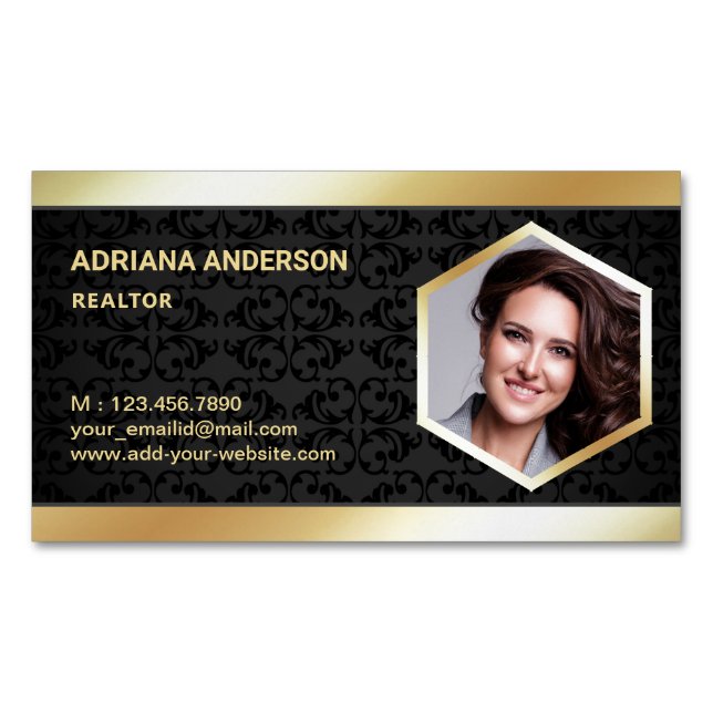 Black Damask Gold Foil Real Estate Photo Realtor Magnetic Business Card (Front)