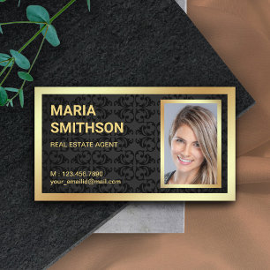 Black Damask Gold Foil Real Estate Realtor Photo Business Card