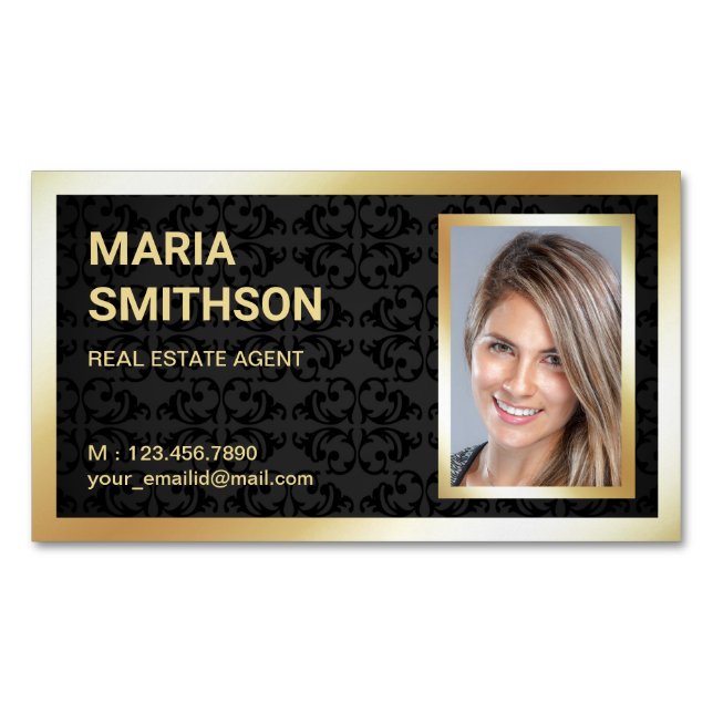 Black Damask Gold Foil Real Estate Realtor Photo Magnetic Business Card (Front)
