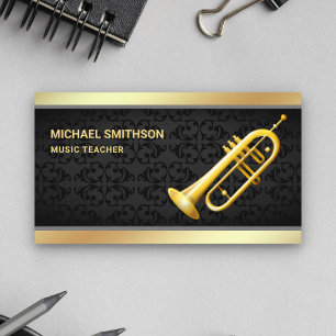 Black Damask Gold Foil Trumpet Music Teacher Business Card