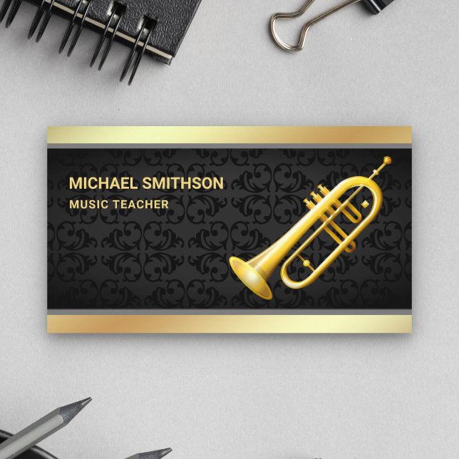 Black Damask Gold Foil Trumpet Music Teacher Business Card (Creator Uploaded)