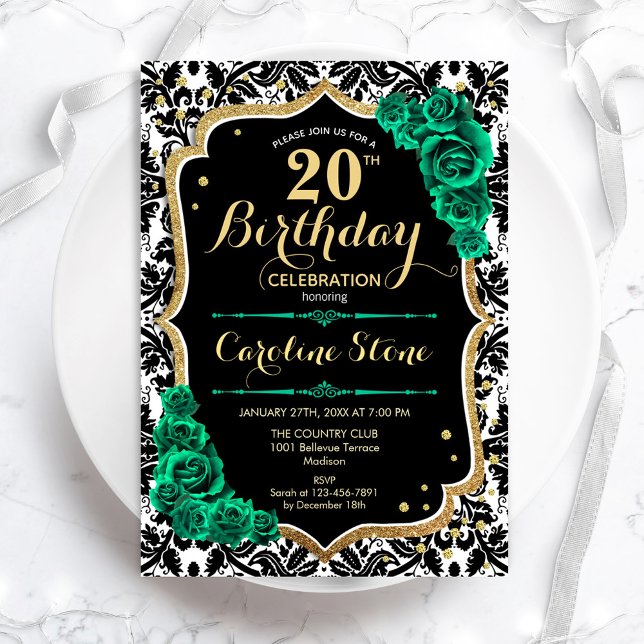 Black Damask Gold Green Roses 20th Birthday Invitation (Creator Uploaded)