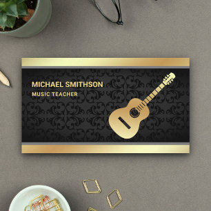 Black Damask Gold Guitar Music Teacher Guitarist Business Card
