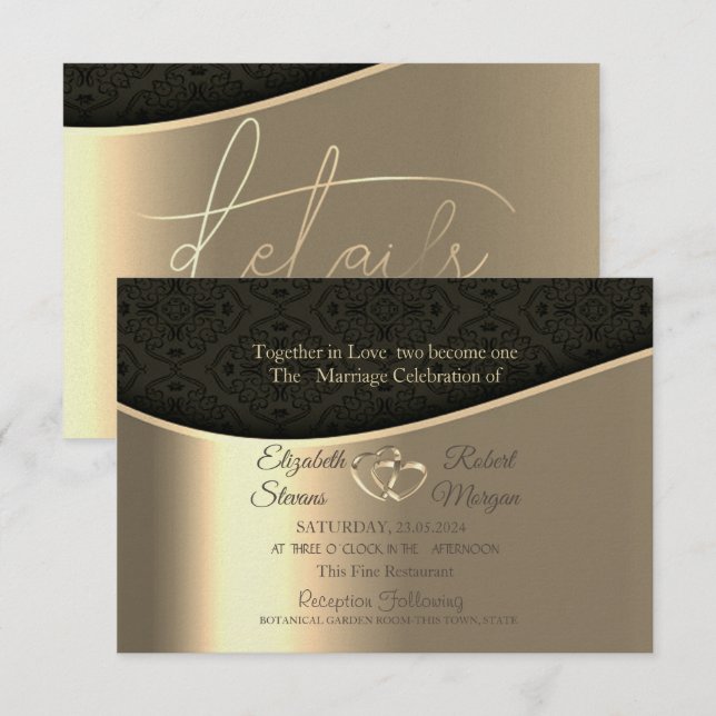  Black Damask Gold Hearts Wedding & Registry  Invitation (Front/Back)