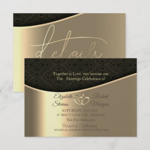 Black Damask Gold Hearts Wedding & Registry Invitation