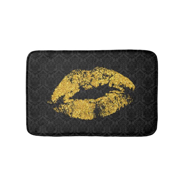 Black Damask & Gold Lips Bath Mat (Front)