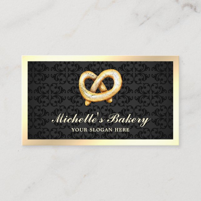 Black Damask Gold Pretzel Bakery Business Card (Front)