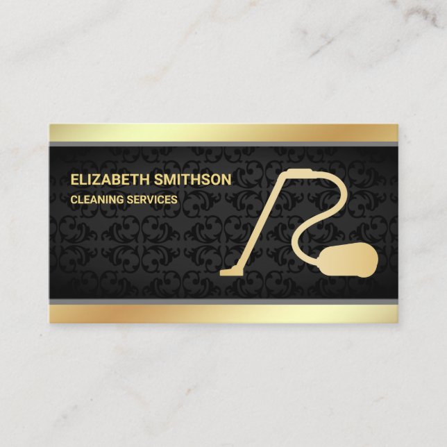 Black Damask Gold Vacuum Cleaner Cleaning Services Business Card (Front)