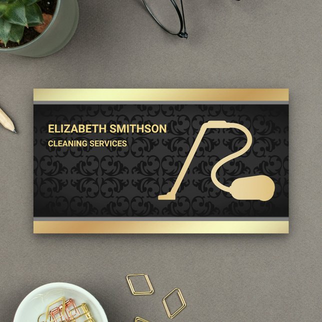 Black Damask Gold Vacuum Cleaner Cleaning Services Business Card (Creator Uploaded)