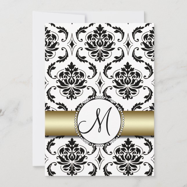 Black Damask Gold Wedding Invitation (Front)