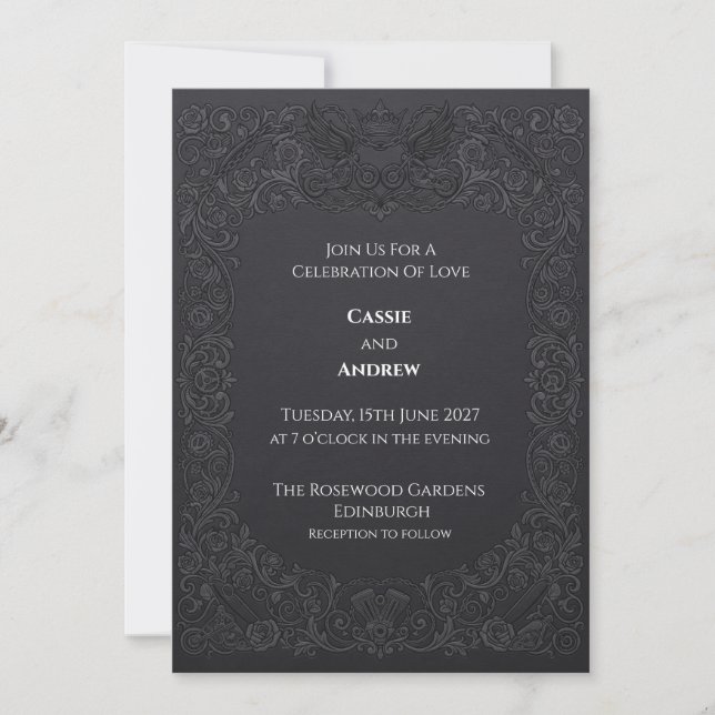 Black Damask Gothic Wedding Invitation (Front)