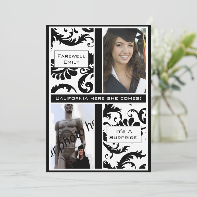 Black Damask  Graduation Farewell Invitation (Standing Front)