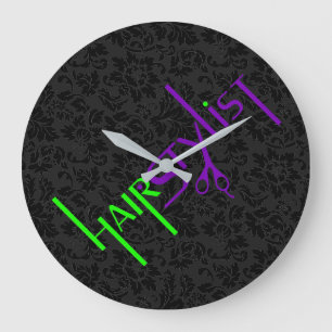 Black Damask Green And Purple Text Large Clock