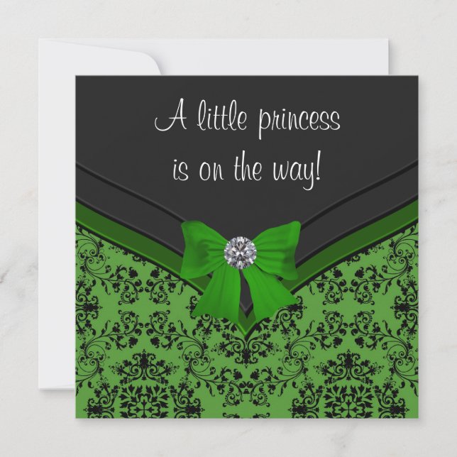 Black Damask Green Bow Princess Baby Shower Invitation (Front)