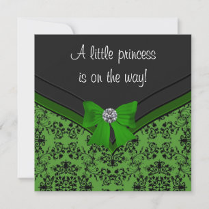 Black Damask Green Bow Princess Baby Shower Invitation