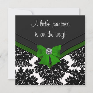 Black Damask Green Bow Princess Baby Shower Invitation
