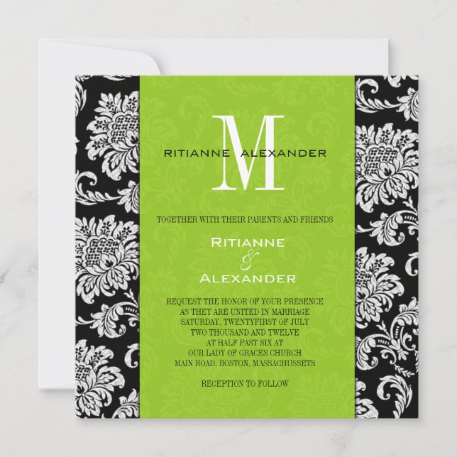 Black Damask Green Monogram Wedding Invitation (Front)