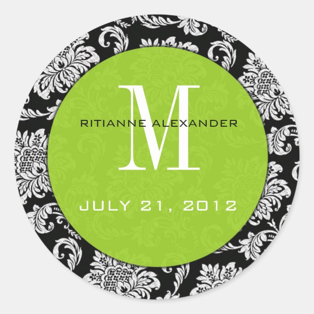 Black Damask Green Monogram Wedding Sticker (Front)
