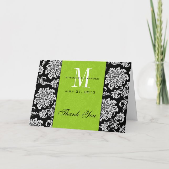 Black Damask Green Monogram Wedding Thank You (Front)