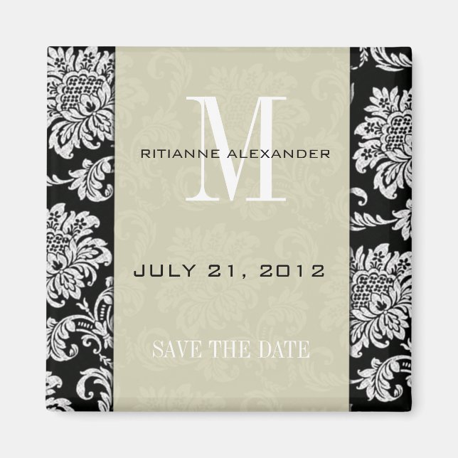 Black Damask Grey Monogram Save The Date Magnet (Front)