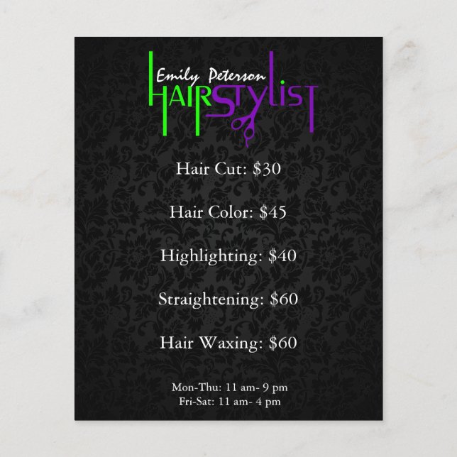 Black Damask Hair Stylist Flyer (Back)