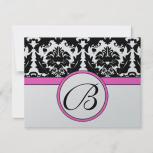 Black Damask Heart Swirl Bright Pink Trim RSVP Card