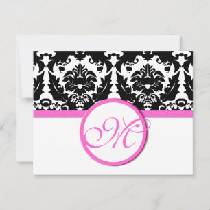 Black Damask Heart Swirl Bright Pink Trim RSVP Card