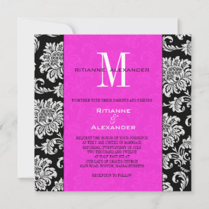 Black Damask Hot Pink Monogram Wedding Invitation