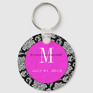 Black Damask Hot Pink Monogram Wedding Keychain