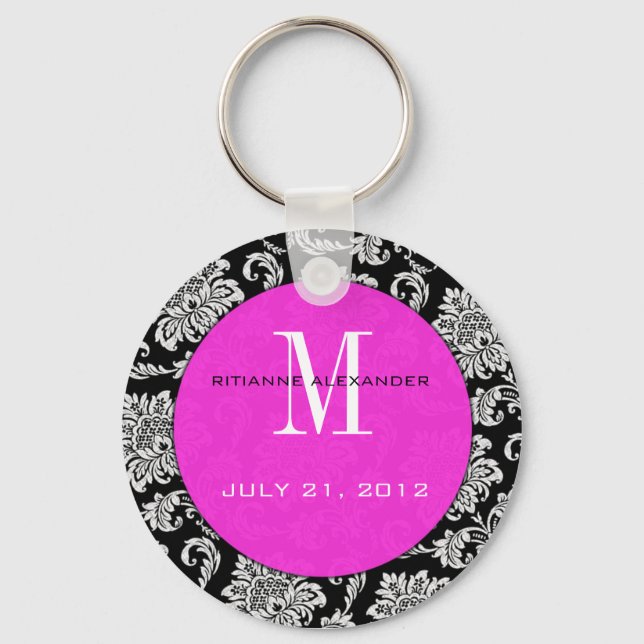 Black Damask Hot Pink Monogram Wedding Keychain (Front)