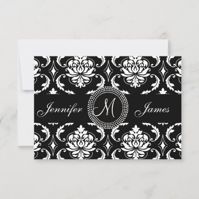 Black Damask Initial RSVP Cards for Square Invite (Front)