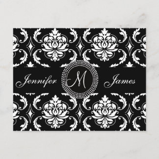 Black Damask Initial Wedding Reception Card