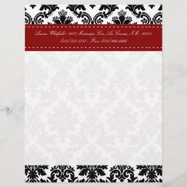 Black Damask Lace Broquade Letterhead Stationery (Front)