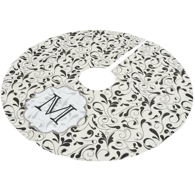 Black Damask Lace Monogram Initial Tree Skirt (Angled)