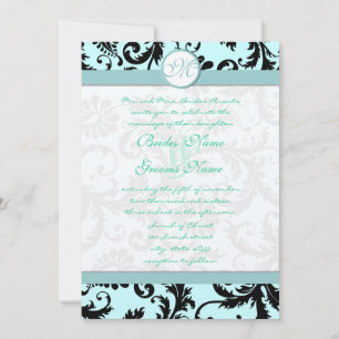 Black Damask Light Aqua Blue Wedding Invitation