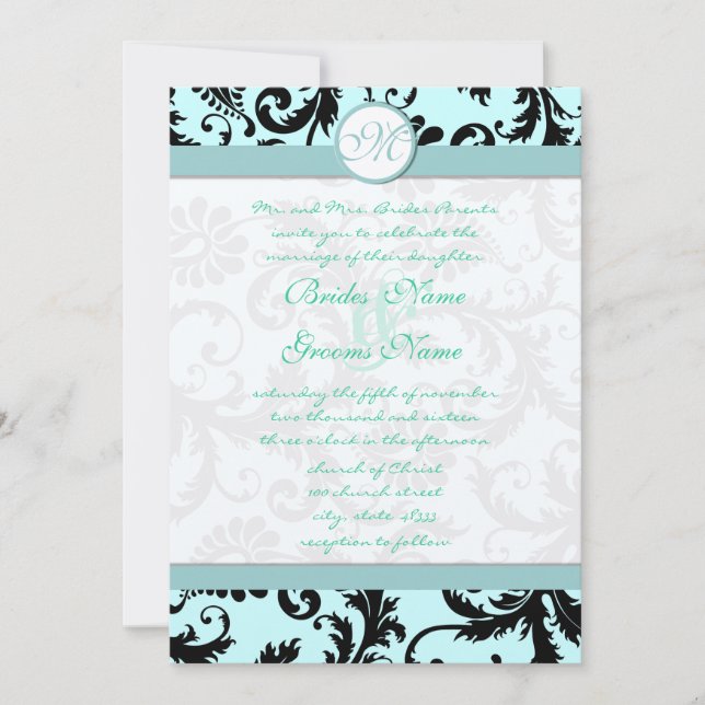Black Damask Light Aqua Blue Wedding Invitation (Front)
