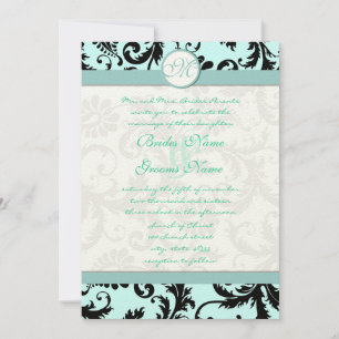 Black Damask Light Aqua Blue Wedding Invitation