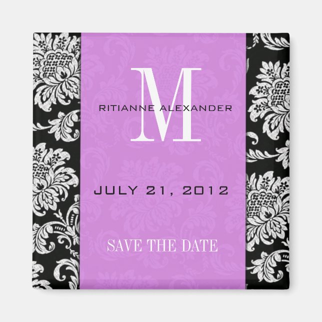 Black Damask Light Purple Monogram Save The Date Magnet (Front)