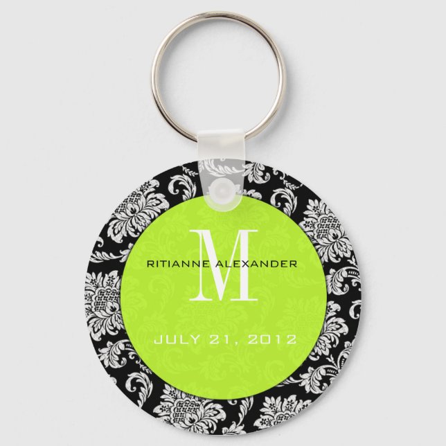 Black Damask Lime Monogram Wedding Keychain (Front)