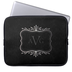 Black Damask luxury with vintage silver frame Laptop Sleeve