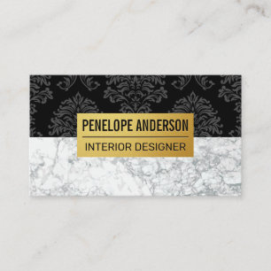 Black Damask Metallic Pattern White Marble Business Card