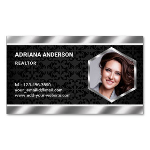 Black Damask Metallic Real Estate Photo Realtor Magnetic Business Card