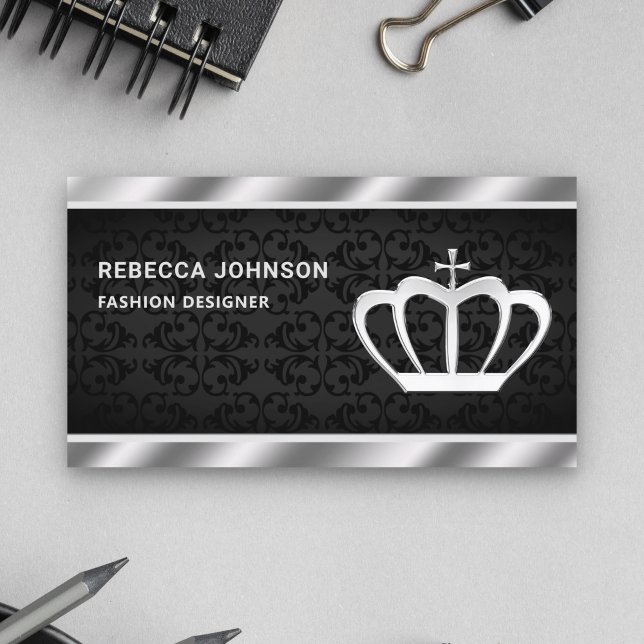Black Damask Metallic Steel Silver Crown Business Card (Creator Uploaded)