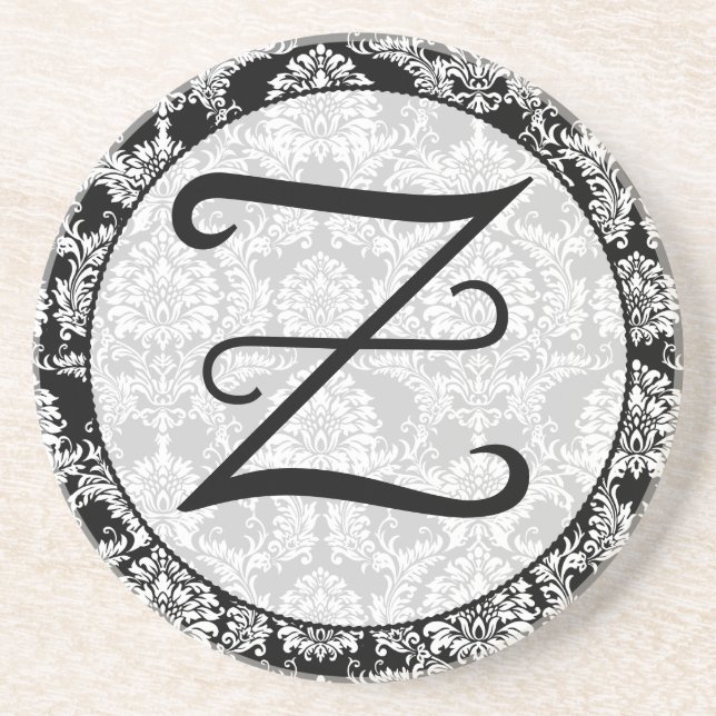 Black Damask Monogram Personalised Coaster (Front)