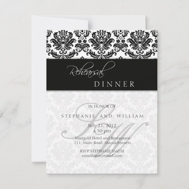 Black Damask Monogram Rehearsal Dinner Card (Front)