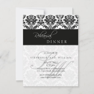 Black Damask Monogram Rehearsal Dinner Card