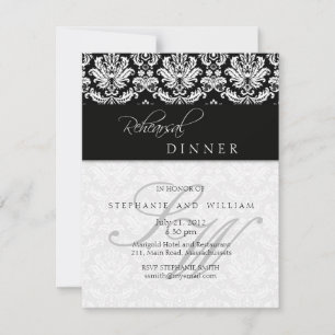 Black Damask Monogram Rehearsal Dinner Card