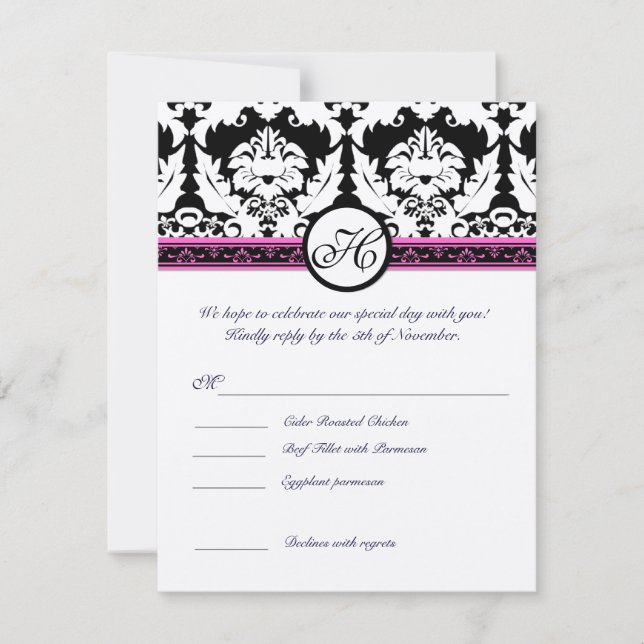 Black Damask Monogram RSVP Reply With Menu Invitation (Front)