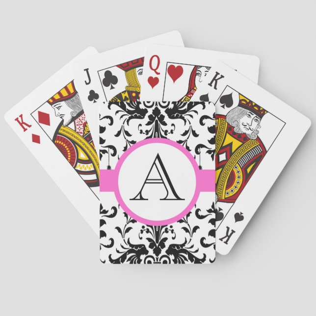 Black Damask Monogramed Pink Wedding Playing Card (Back)